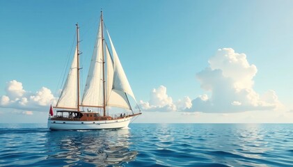 Fototapeta premium Sailing yacht on the horizon with windjammer sails set, sailing, sailboat