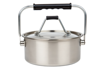 Silver camping pot with lid and handles isolated with transparent background