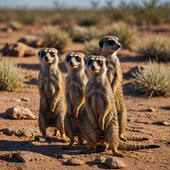 Fototapeta premium A group of meerkats standing on their hind legs, keeping watch in a dry desert environment.