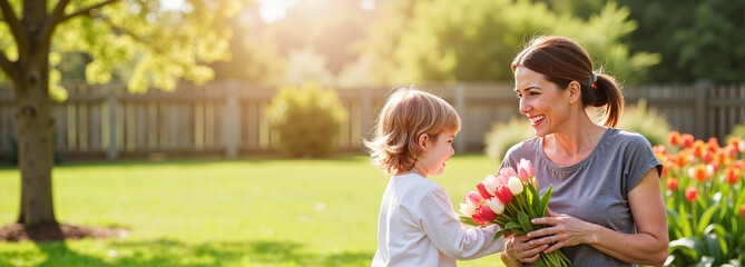 Mother and child happily exchanging flowers in spring garden