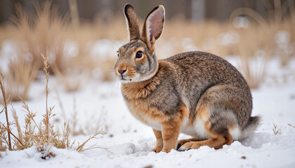 Obraz premium Snowshoe hare in winter coat amidst underbrush, nature's beauty