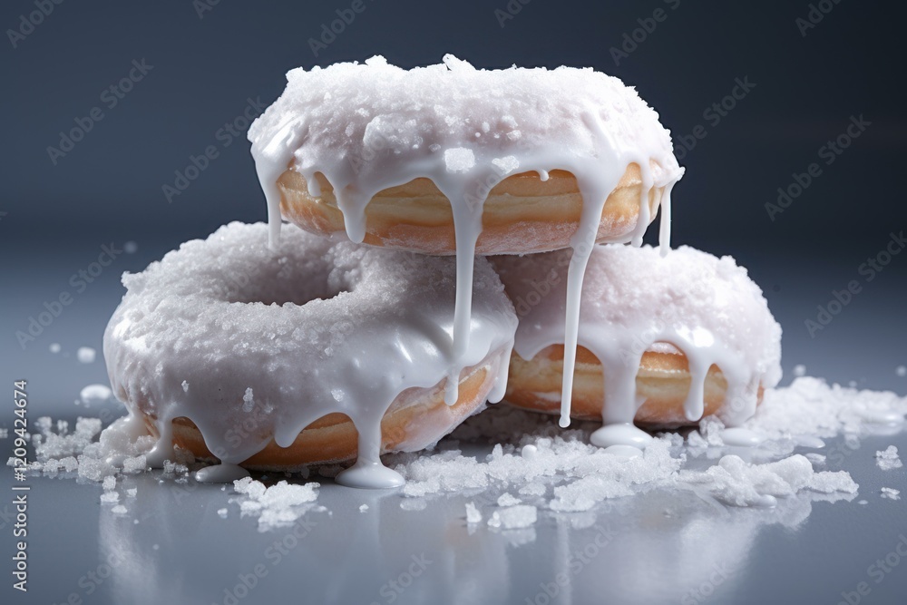 Poster three donuts with white icing dripping are stacked on top of each other, creating a tempting image o
