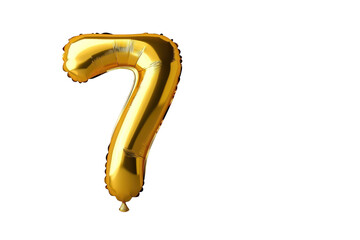 Golden foil balloon in the shape of number seven on transparent background