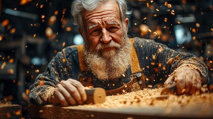 Experienced carpenter in workshop crafting wood, surrounded by flying wood shavings, demonstrating skill and dedication in woodworking craft