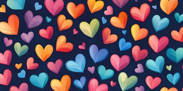 Modern rainbow heart pattern with geometric shapes against dark navy background creating vibrant contrast. St Valentines day postcard.