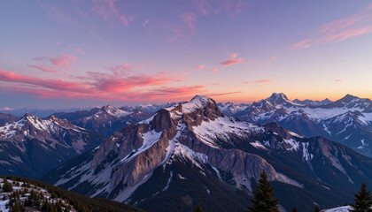 Stunning panoramic view of snow-capped mountains at dusk, natural beauty
