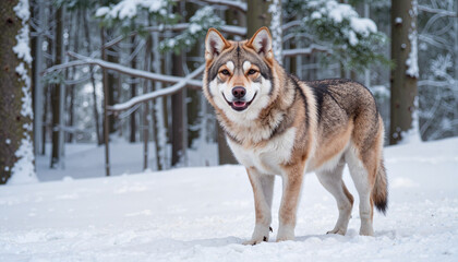 Fototapeta premium Lone wolf standing in snowy forest, nature's wilderness