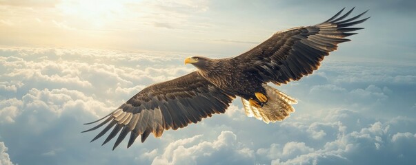 A majestic eagle soaring through the clouds, its wings outstretched in a symbol of freedom.