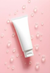 White cosmetic tube, pink background, floating bubbles, minimalist product photography, soft lighting, clean aesthetic, skincare product, generative ai