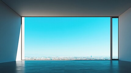 Modern interior view showcasing an expansive window with a bright blue sky.