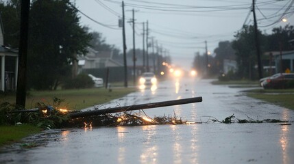 Downed Power Lines on Street After Hurricane Winds Cause Destruction