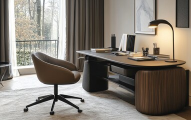 Fototapeta premium A stylish modern office desk with a sleek minimalist lamp and workspace essentials