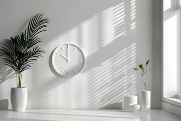 A blank white wall clock showcased in a clean minimalist kitchen setting, sleek design, soft natural light, subtle shadows, high detail, modern aesthetic. Generative Ai.