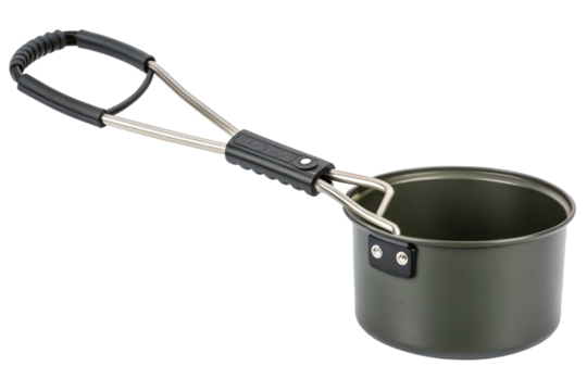 Gray camping pot with long handle isolated with transparent background