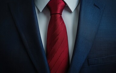 A tailored navy blue suit with a red tie, showcased on a clean white background with soft shadows