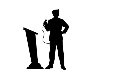 Talk show man with microphone in hand silhouette vector, .Man singer silhouette, Male speaker speaking on podium, Public interview of politician or male leader in front of mass media journalists