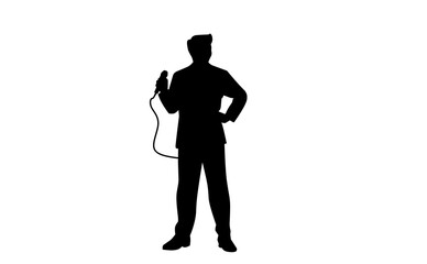 Talk show man with microphone in hand silhouette vector, .Man singer silhouette, Male speaker speaking on podium, Public interview of politician or male leader in front of mass media journalists