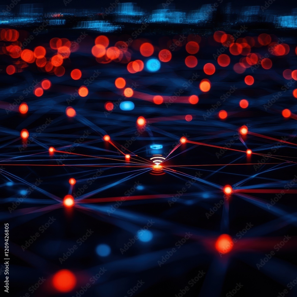 Poster a vibrant network of interconnected nodes in red and blue against a dark background, representing te