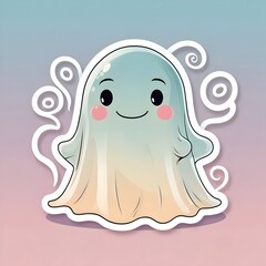 Cute illustration of a smiling ghost with blush cheeks, surrounded by swirls, and featuring a soft pastel gradient design.