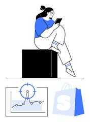 Woman using smartphone seated on a block, graph with target icon tracking trends, and shopping bag. Ideal for e-commerce, marketing, analytics, online shopping, business growth, user engagement