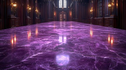 Grand hall with reflective purple marble floor and candles.