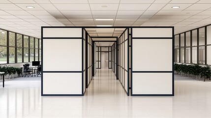 Modern office interior with cubicles and natural light in a spacious corporate environment