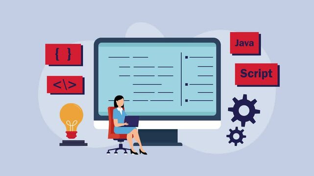 Female Programmer Coding with JavaScript on Computer Screen cartoon animation