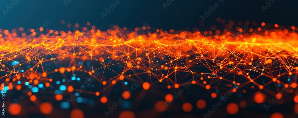 Poster a vibrant network of glowing orange and blue dots, interconnected by lines, creating a dynamic visua