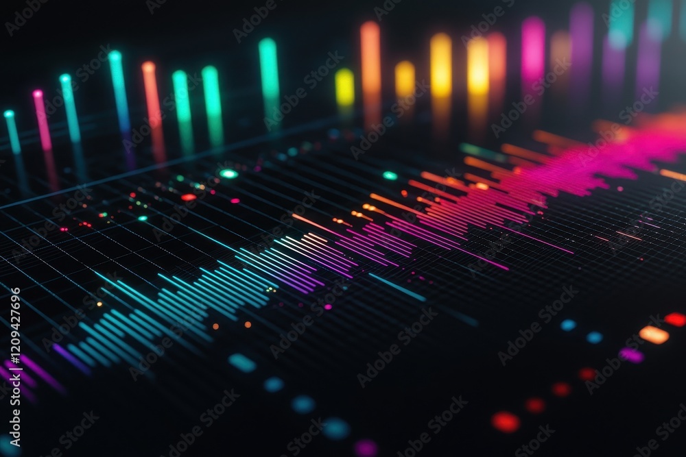 Poster a vibrant visual representation of sound waves, featuring colorful bars and dots on a dark backgroun