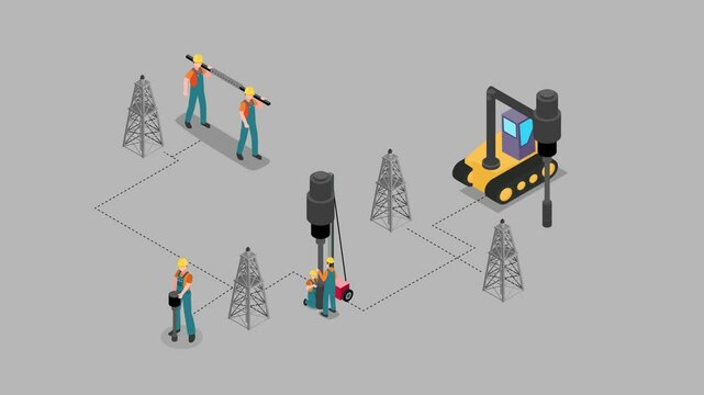 Team of workers engaged in various tasks, including drilling, transporting equipment, and maintaining oil rigs