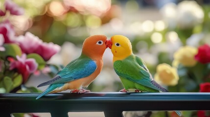 Two colorful parrots on a park bench