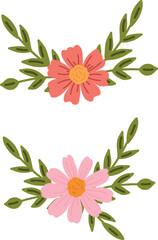 Vector floral arrangement set with bright pink, purple and red flowers and juicy green leaves. Perfect for invitations, greeting cards, or spring-themed decorations.