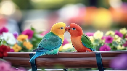 Obraz premium Two colorful parrots on a park bench
