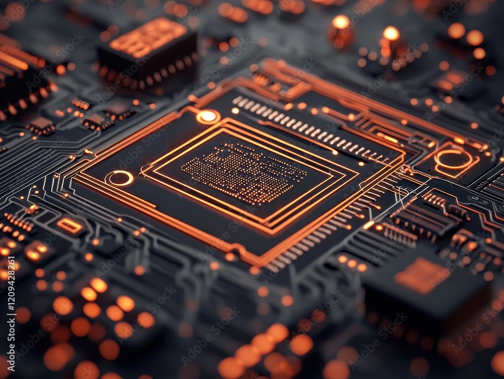 Poster a close-up view of a circuit board featuring intricate copper traces and a central processing unit, 