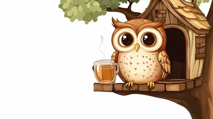 Fototapeten Adorable cartoon owl enjoying a warm drink in its treetop house. Perfect for children's books, websites, or greeting cards. © Adi