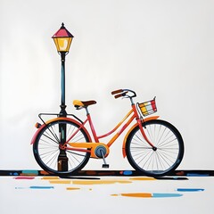 Vivid illustration of a retro bicycle parked beside a classic lamp post, surrounded by colorful reflections in a whimsical style.