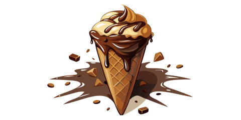 Delicious ice cream explosion, cut out. Decadent Melting Ice Cream Cone with Chocolate Chunks and Caramel Drizzle: Gourmet Dessert in 8K Resolution.