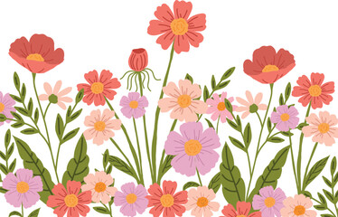 Vector flower frame with bright pink, purple and red flowers and juicy green leaves. Perfect for invitations, greeting cards, or spring-themed decorations.