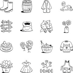 Collection of Harvest Season Doodle Style Icons 

garden, boots, galoshes, barrel, cask, raincoat, overcoat, soil, bag, sack, love, birds, decorative, flowers, floral, sweet, peony, vegetables, basket