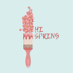 Spring card. Hello spring. Creative spring card in pink tones with spring flowers and brush. Draw spring.