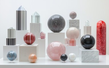 A playful display of 3D geometric shapes, including spheres and cubes, arranged artistically on a clean white backdrop