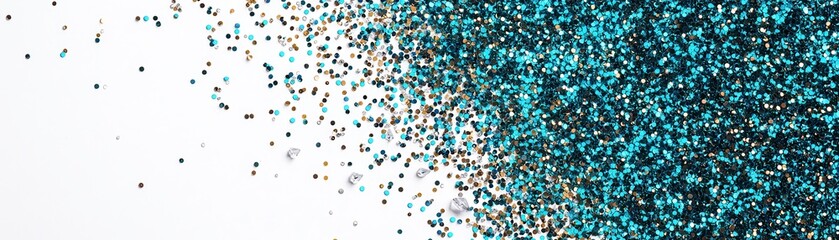 A vibrant spread of turquoise glitter against a white background, creating a striking visual contrast.