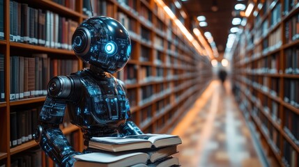 Fototapeta premium Robot reading books in library aisle