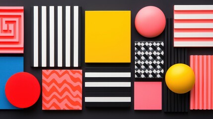 Vibrant Geometric Shapes and Patterns in Bold Colors on Black Background for Abstract Art