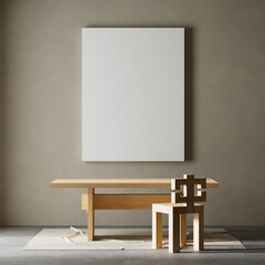 Japandi style dining room design with wooden furnitures and raw materials. Mock up poster frame in Japandi style interior. 3D illustration