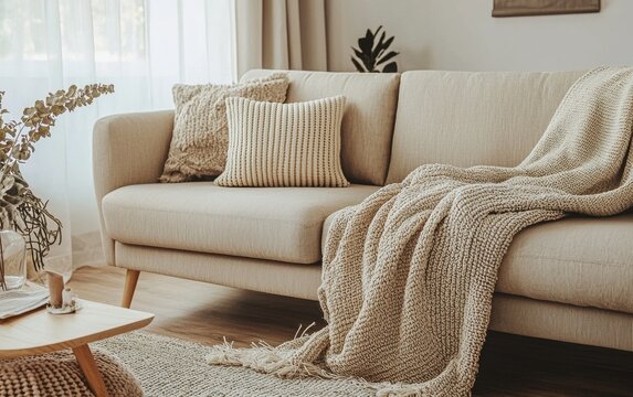 A neutral-toned minimalist living area featuring a beige modern sofa, cozy textiles, and a clean aesthetic