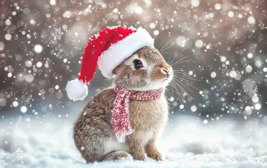 A playful rabbit wearing a Santa hat and a tiny scarf, sitting on a snowy winter-themed background