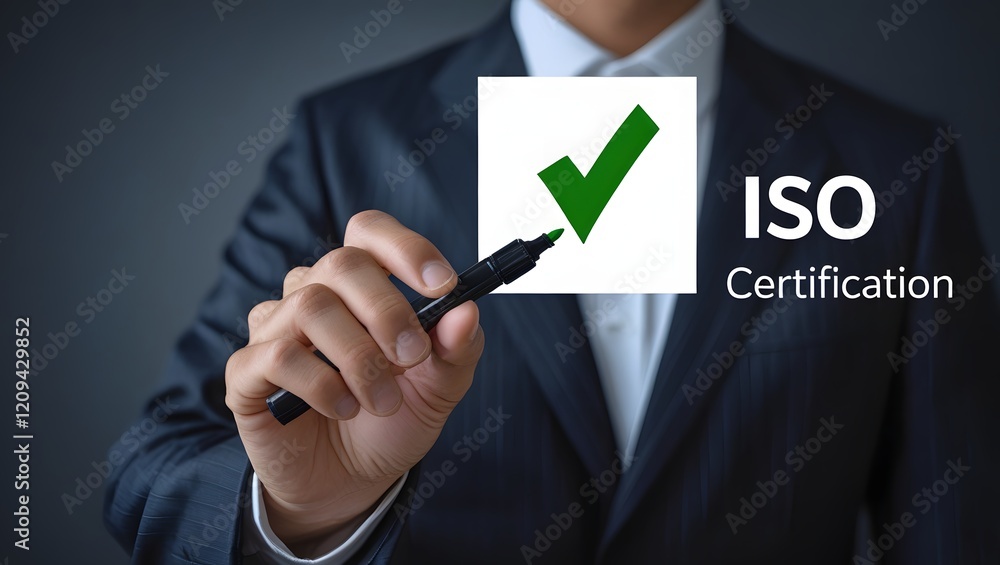 Aufkleber iso certification approval concept. a person highlighting iso certification process with a glowing c