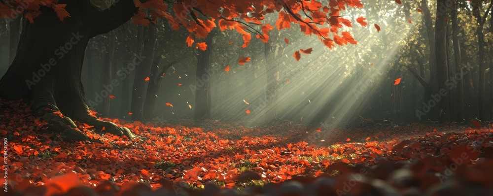 Poster a tranquil forest glade with sunlight filtering through the canopy, illuminating a carpet of fallen 