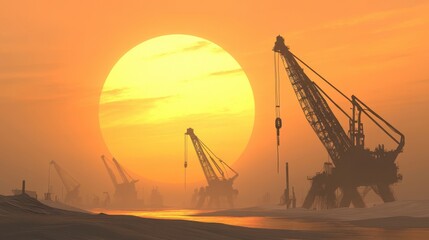 Obraz premium Sunset over Industrial Cranes at Harbor